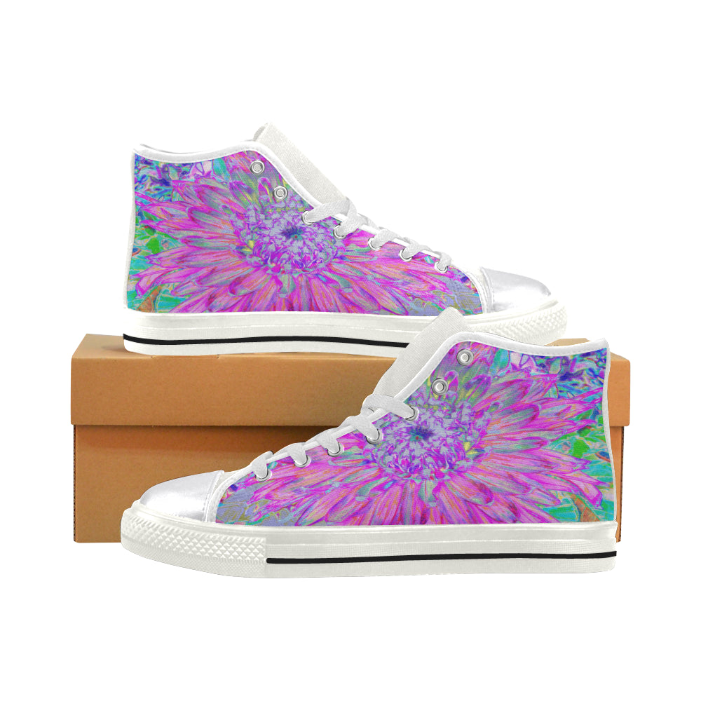 High Top Sneakers for Women, Cool Pink, Blue and Purple Cactus Dahlia Explosion - White