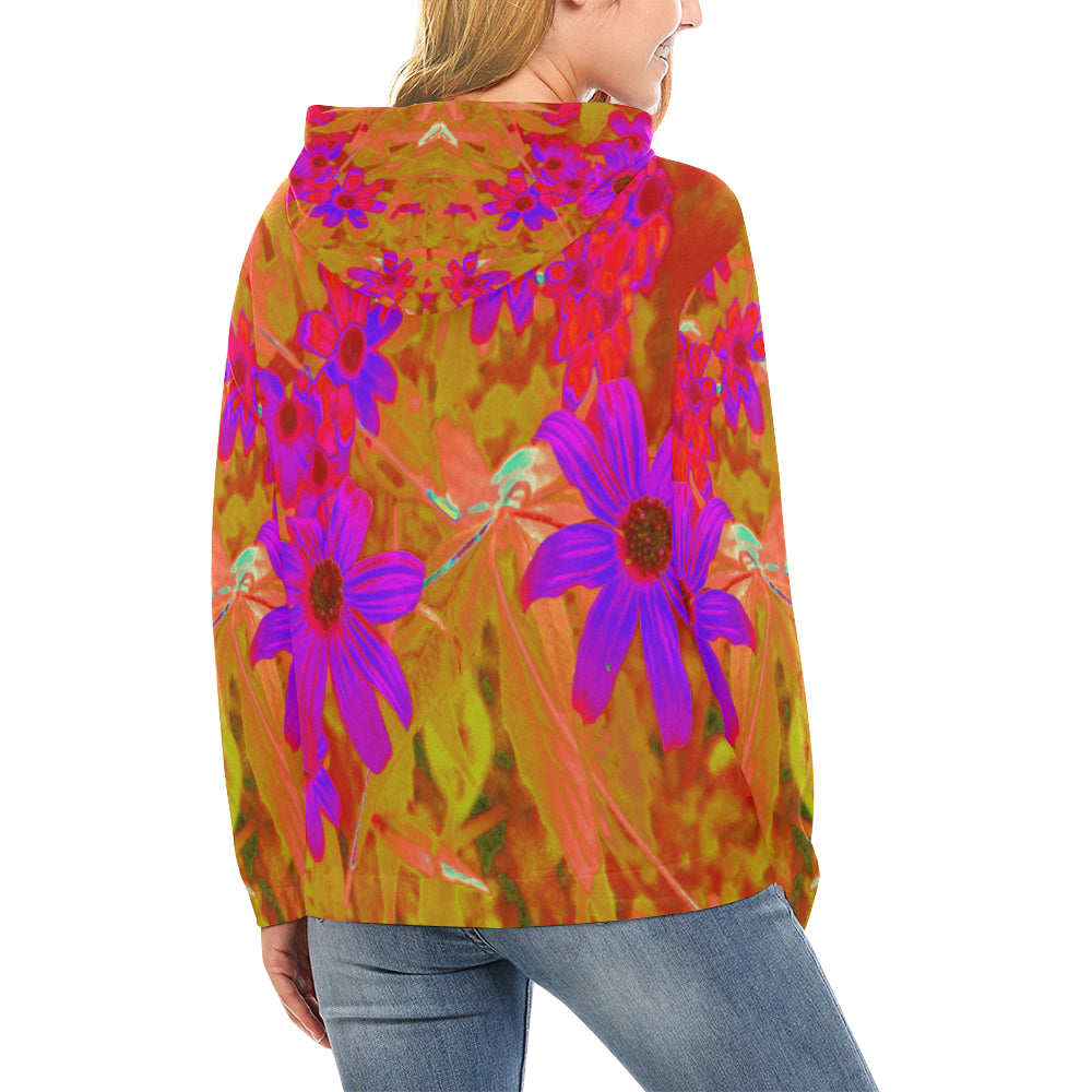 Hoodies for Women, Colorful Ultra-Violet, Magenta and Red Wildflowers