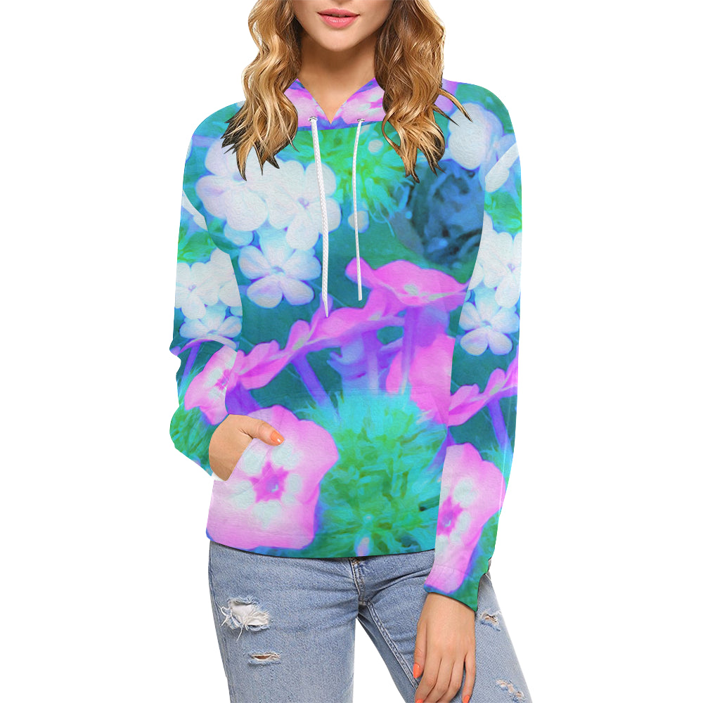 Hoodies for Women, Pink, Green, Blue and White Garden Phlox Flowers