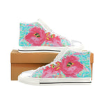 Kids High Top Sneakers, Two Rosy Red Coral Plum Crazy Hibiscus on Aqua - White