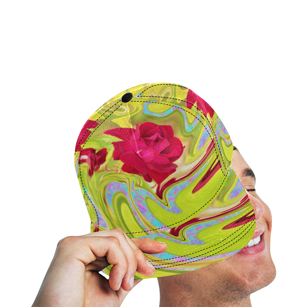Snapback Hats, Painted Red Rose on Yellow and Blue Abstract