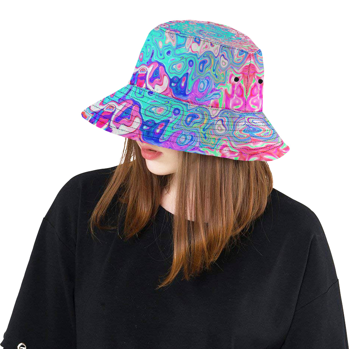 Bucket Hats, Groovy Aqua Blue and Pink Abstract Retro Swirl