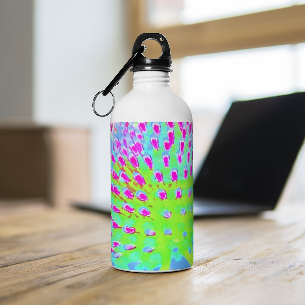 Stainless Steel Water Bottle, Lime Green and Purple Abstract Cone Flower