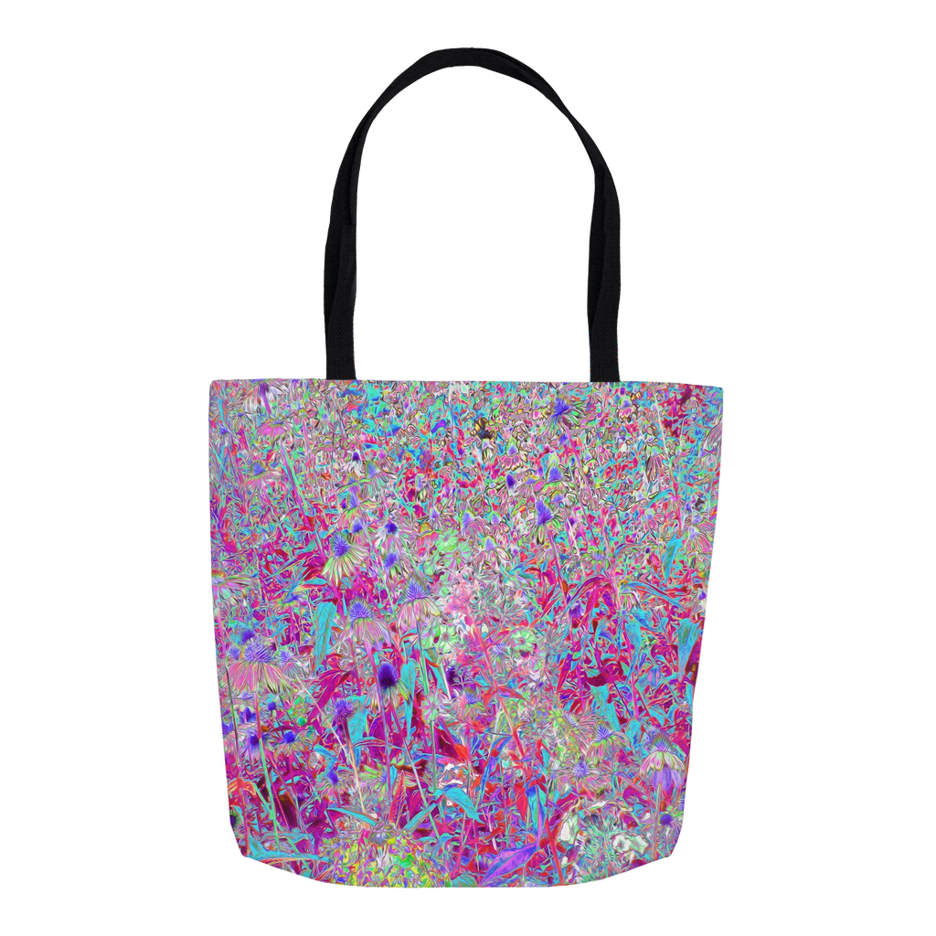 Tote Bags, Abstract Purple Aqua and Pink Coneflower Garden