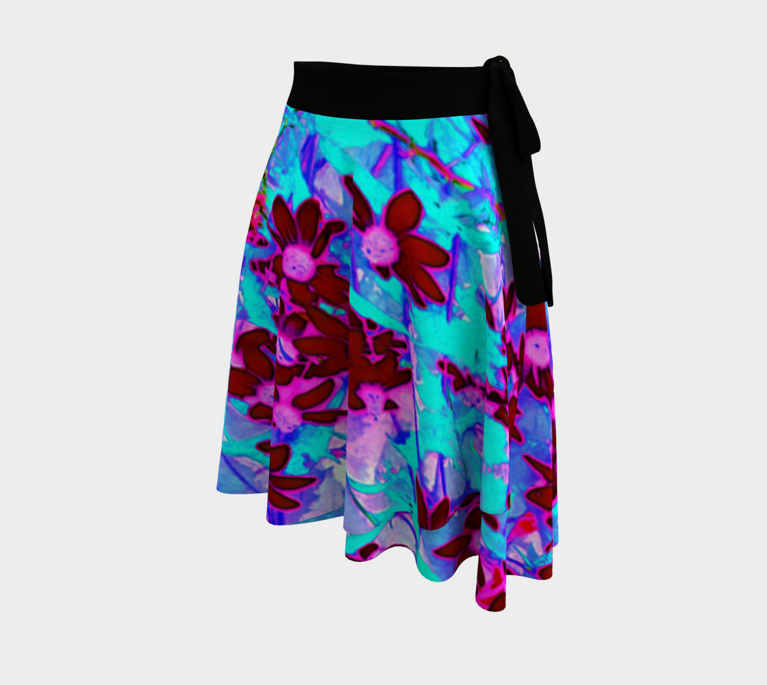 Artsy Wrap Skirt, Crimson Red and Pink Wildflowers on Blue