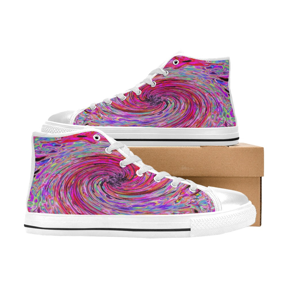 High Top Sneakers for Women, Cool Abstract Retro Hot Pink and Red Floral Swirl - White