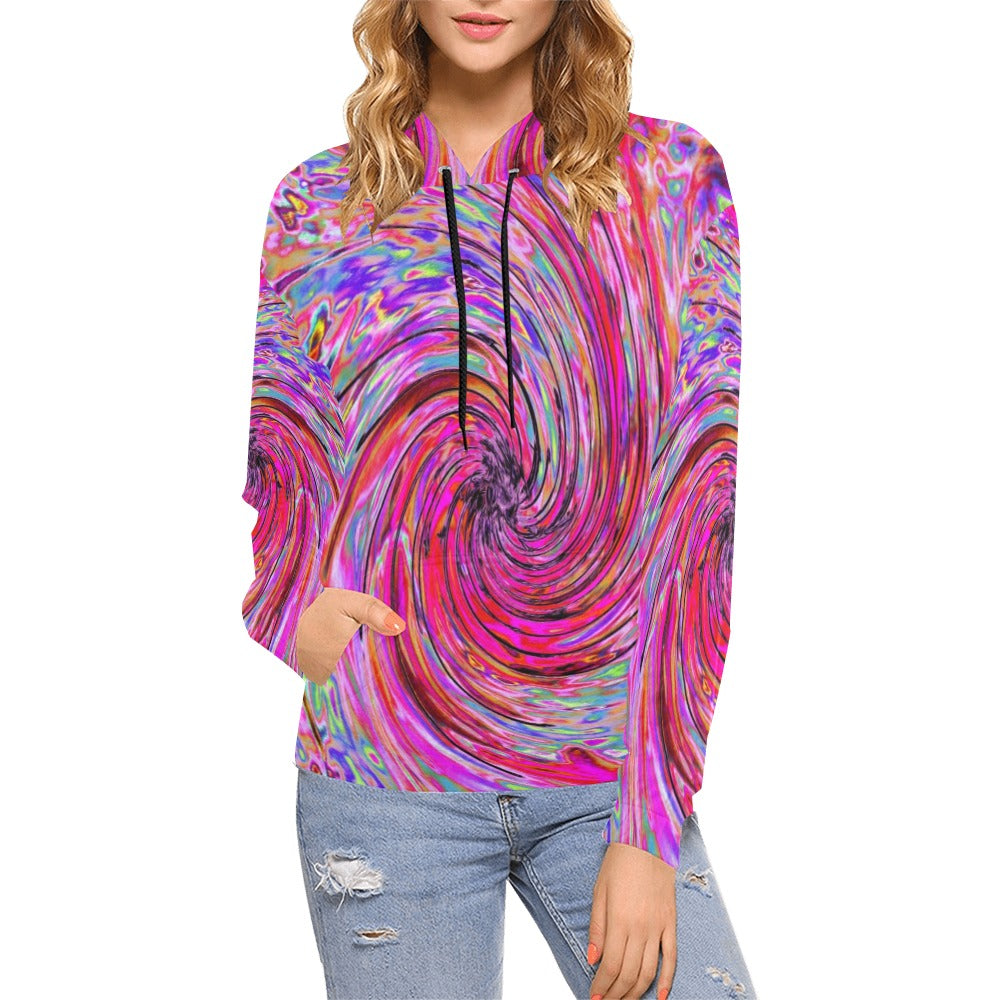 Hoodies for Women, Cool Abstract Retro Hot Pink and Red Floral Swirl