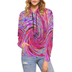 Hoodies for Women, Cool Abstract Retro Hot Pink and Red Floral Swirl