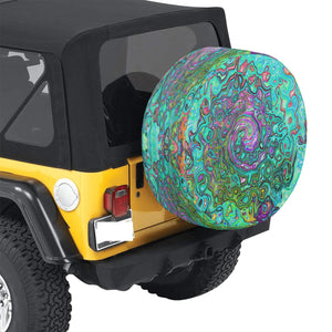 Spare Tire Covers, Aquamarine Groovy Abstract Retro Liquid Swirl - Large