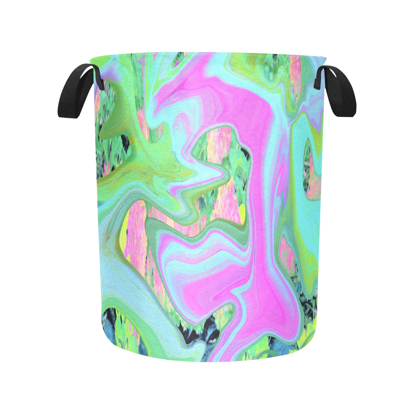 Fabric Laundry Basket with Handles, Retro Pink and Light Blue Liquid Art on Hydrangea