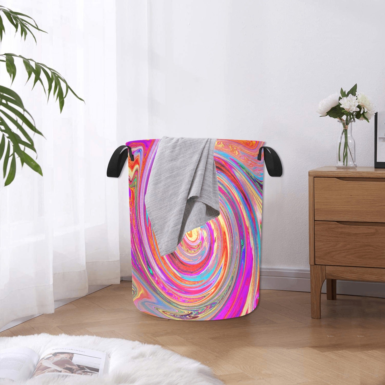 Fabric Laundry Basket with Handles, Colorful Rainbow Swirl Retro Abstract Design