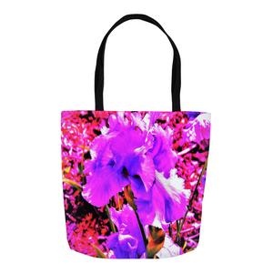Colorful Floral Tote Bags, Abstract Ultra Violet Purple Iris on Red