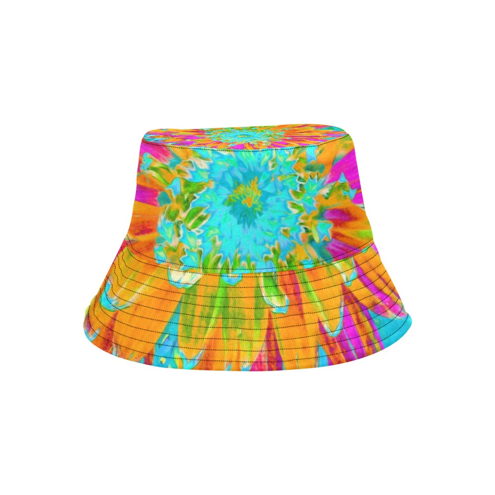 Colorful Floral Bucket Hat, Tropical Orange and Hot Pink Decorative Dahlia