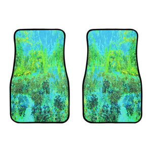Car Floor Mats, Trippy Lime Green and Blue Impressionistic Landscape - Front Set of Two