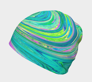 Beanie Hats, Groovy Abstract Retro Aquamarine Swirl