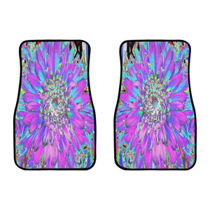 Car Floor Mats, Trippy Abstract Aqua, Lime Green and Purple Dahlia