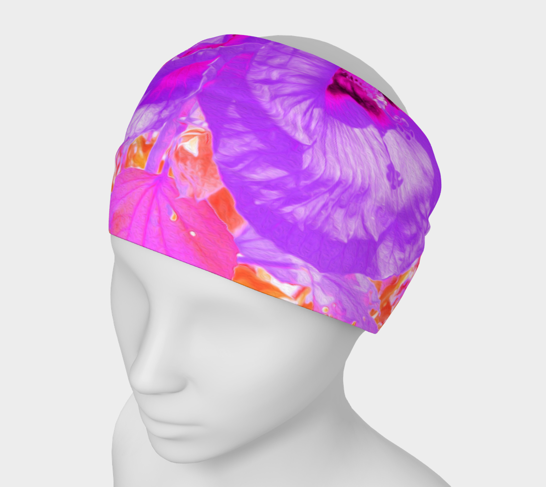 Wide Fabric Headband, Two Purple and Hot Pink Plum Crazy Hibiscus on Red, Face Covering