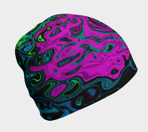 Beanie Hats, Bold Magenta Abstract Groovy Liquid Art Swirl
