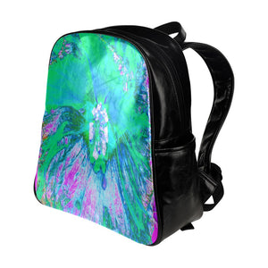 Backpack, Psychedelic Retro Green and Hot Pink Hibiscus Flower - Faux Leather
