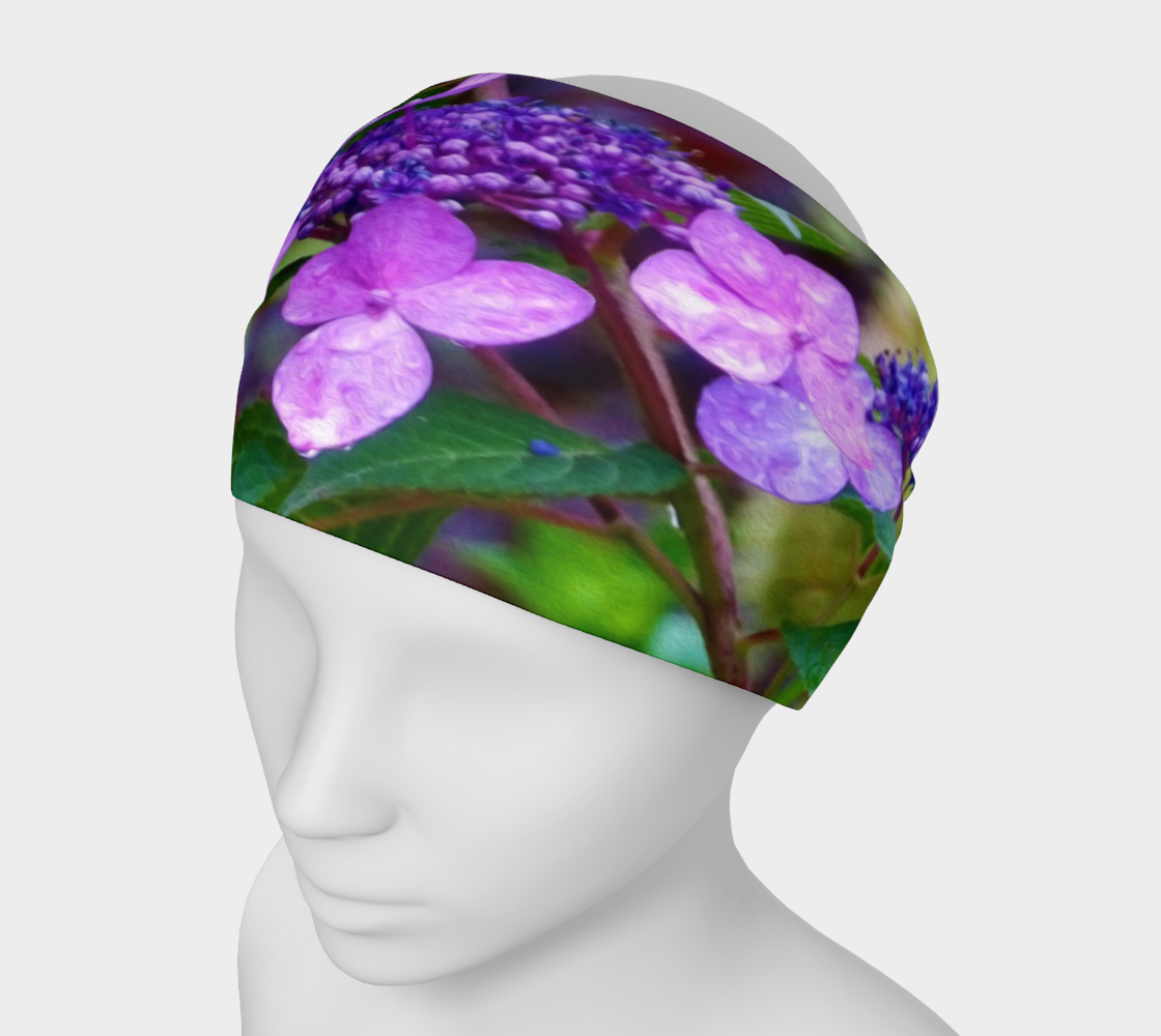 Wide Fabric Headband, Purple Twist and Shout Hydrangea Flower, Face Covering