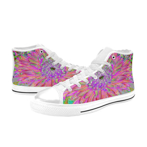 High Top Sneakers for Women, Colorful Rainbow Abstract Decorative Dahlia Flower