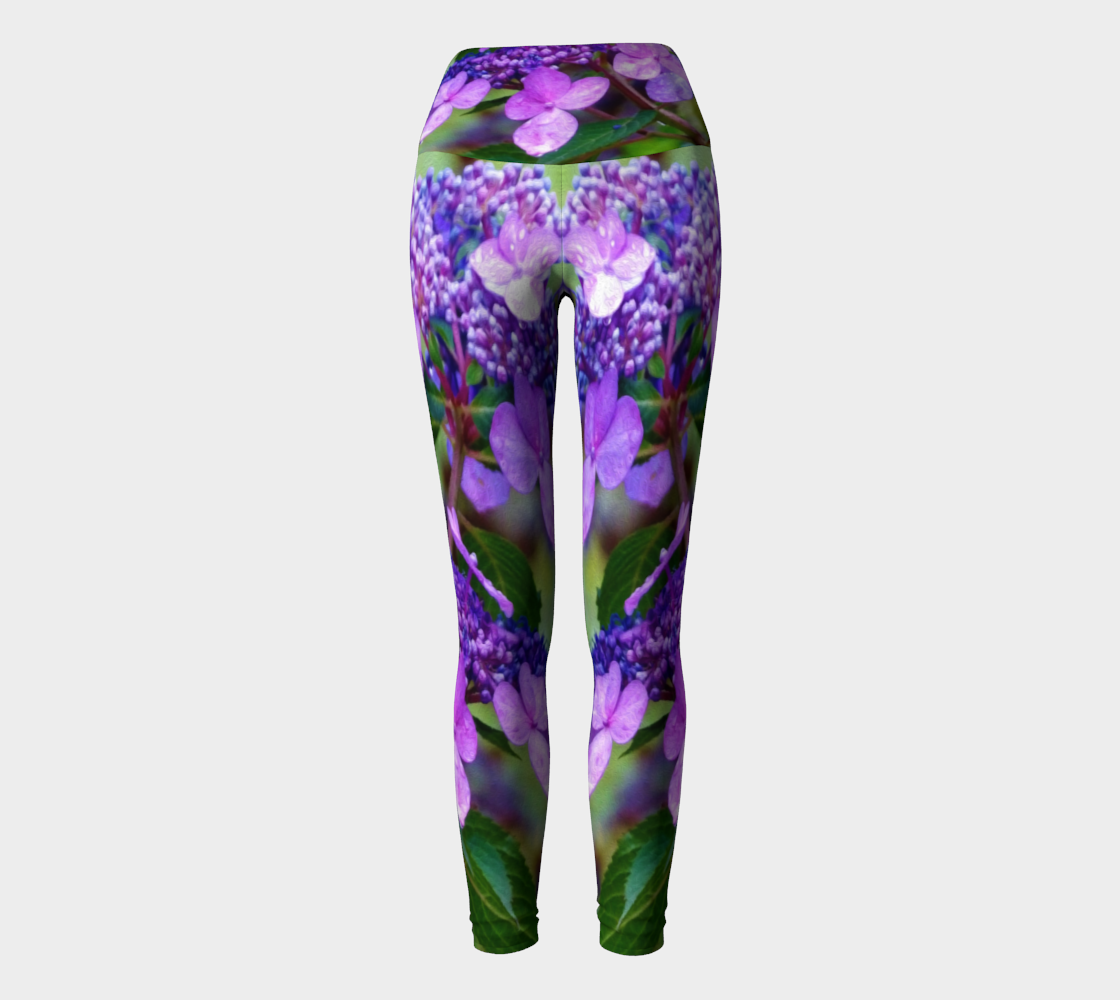 Artsy Yoga Leggings, Purple Twist and Shout Hydrangea Flower