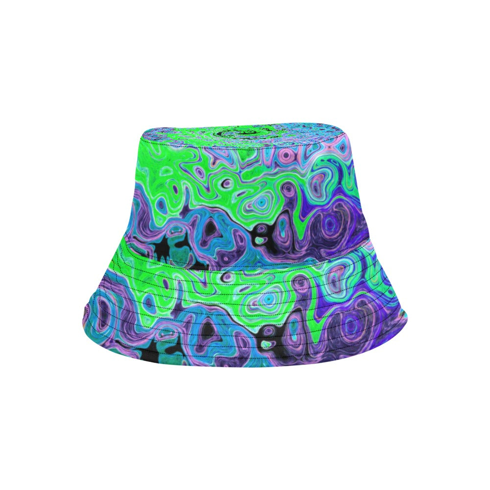 Bucket Hats - Lime Green Groovy Abstract Retro Liquid Swirl