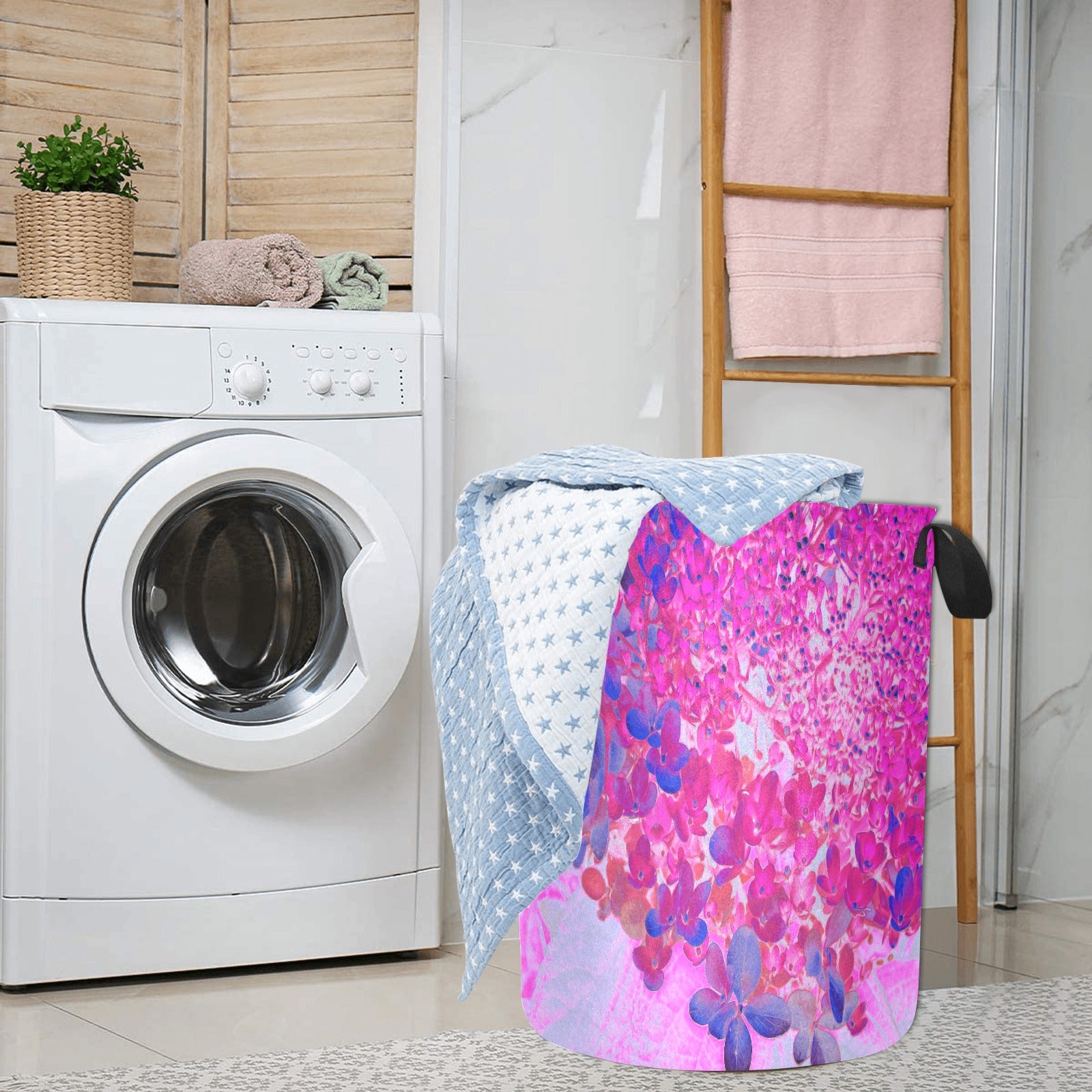 Fabric Laundry Basket with Handles, Elegant Fuchsia and Dark Blue Limelight Hydrangea