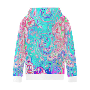 Fleece Hoodies for Girls and Boys, Groovy Aqua Blue and Pink Abstract Retro Swirl