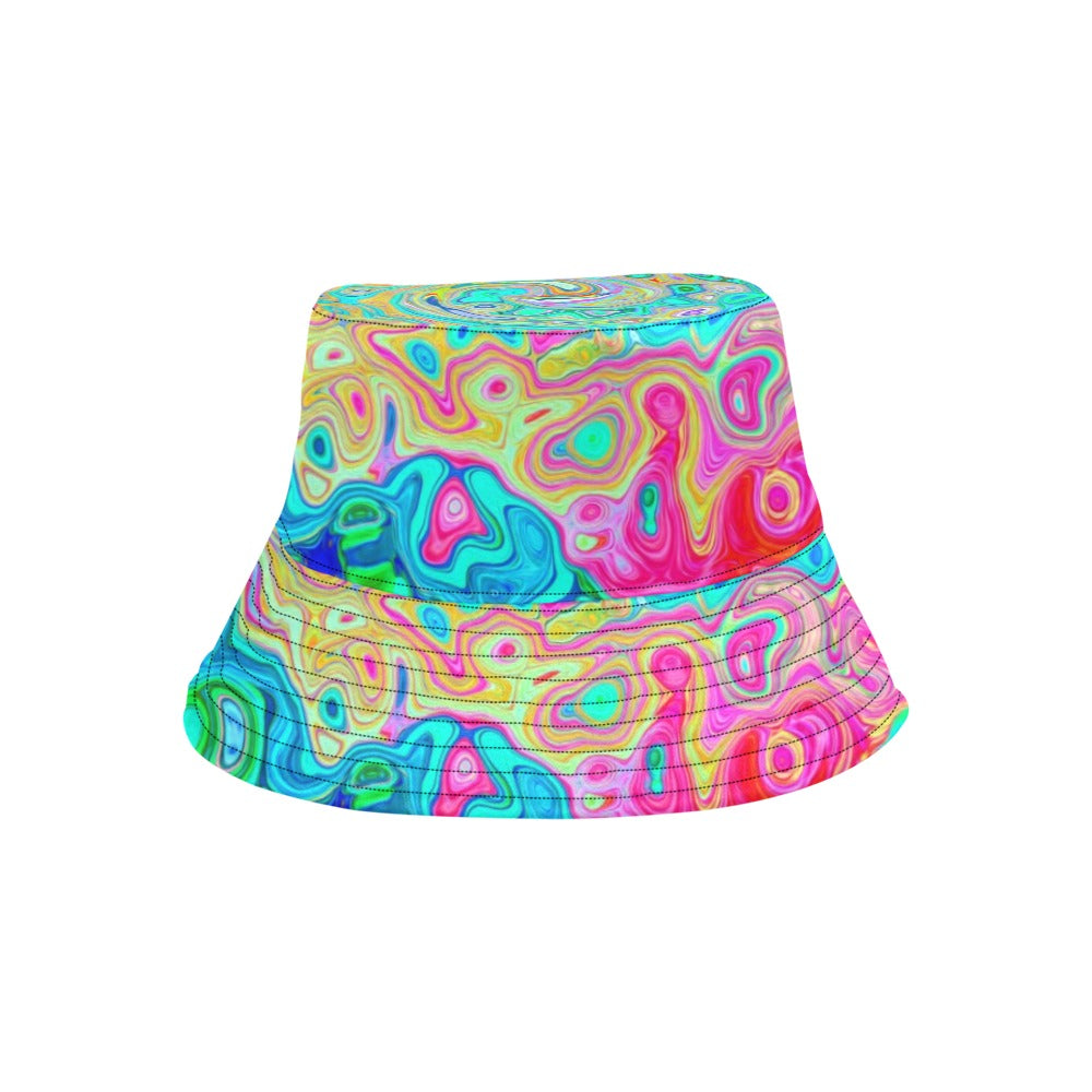 Bucket Hats, Groovy Abstract Retro Rainbow Liquid Swirl