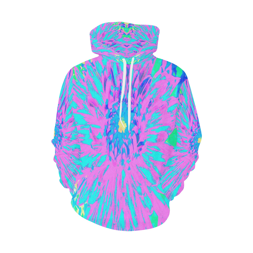 Hoodies for Women, Purple and Turquoise Blue Abstract Decorative Dahlia