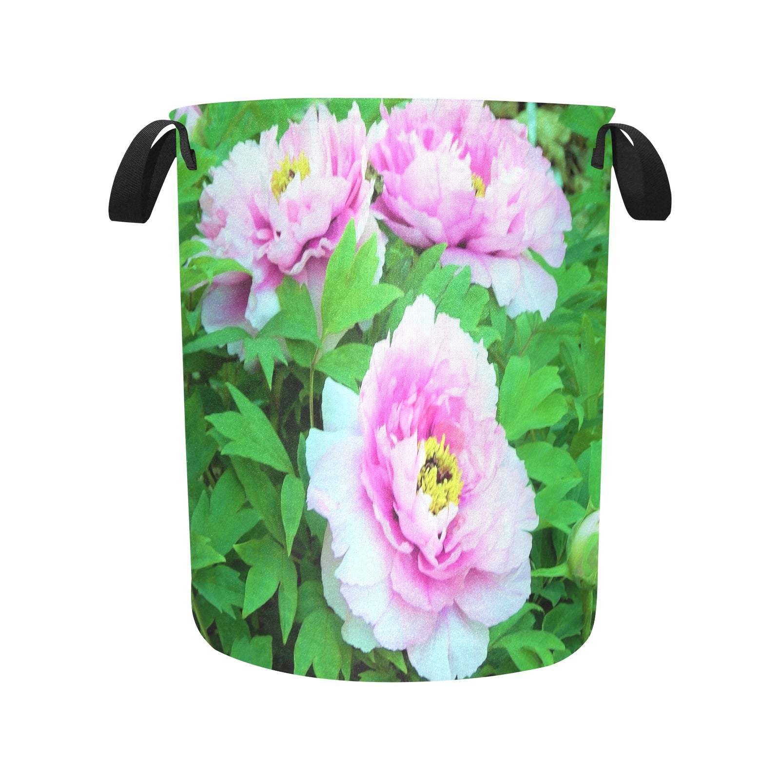Fabric Laundry Basket with Handles, Elegant Pink Tree Peony Flowers with Yellow Centers