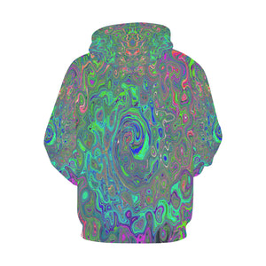 Hoodies for Men, Trippy Chartreuse and Blue Retro Liquid Swirl