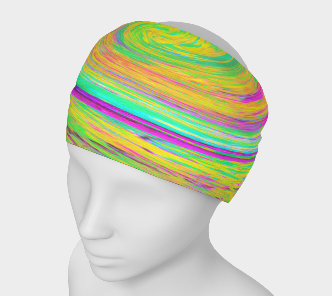 Wide Fabric Headband, Groovy Abstract Purple and Yellow Rainbow Swirl, Face Covering