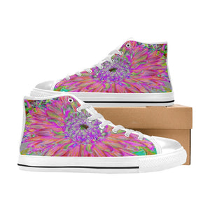 High Top Sneakers for Women, Colorful Rainbow Abstract Decorative Dahlia Flower