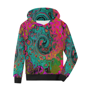 Fleece Hoodies for Girls and Boys, Trippy Turquoise Abstract Retro Liquid Swirl