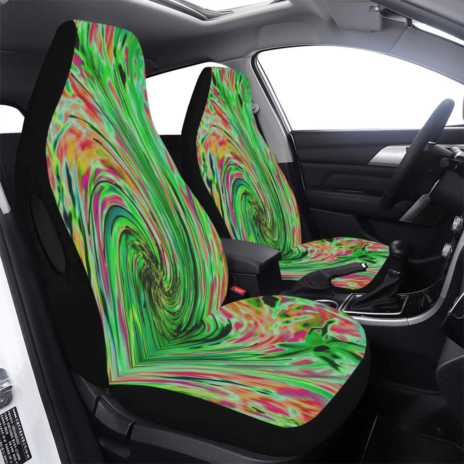 Car Seat Covers, Cool Abstract Lime Green and Black Floral Swirl