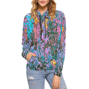 Hoodies for Women, Abstract Coral, Pink, Green and Aqua Garden Foliage