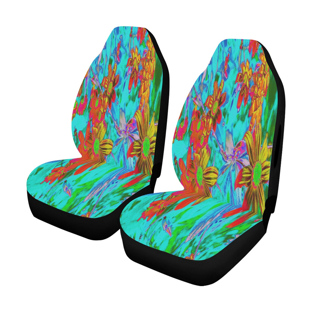 Car Seat Covers, Aqua Tropical with Yellow and Orange Flowers