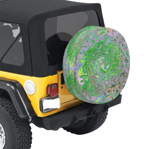 Spare Tire Covers, Trippy Lime Green and Pink Abstract Retro Swirl - Medium