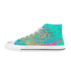 High Top Sneakers for Women, Groovy Abstract Retro Rainbow Liquid Swirl - White