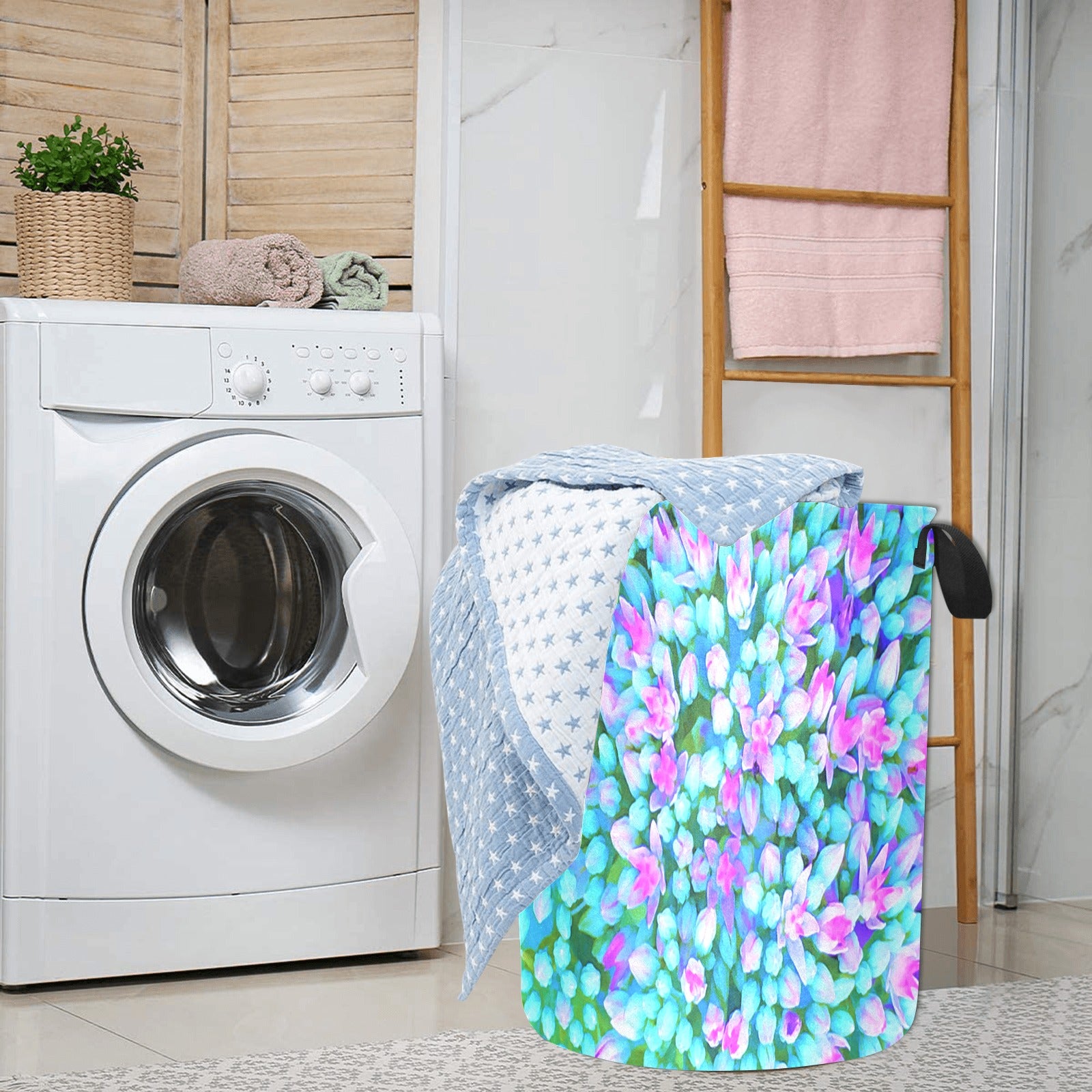 Fabric Laundry Basket with Handles, Blue and Hot Pink Succulent Sedum Flowers Detail