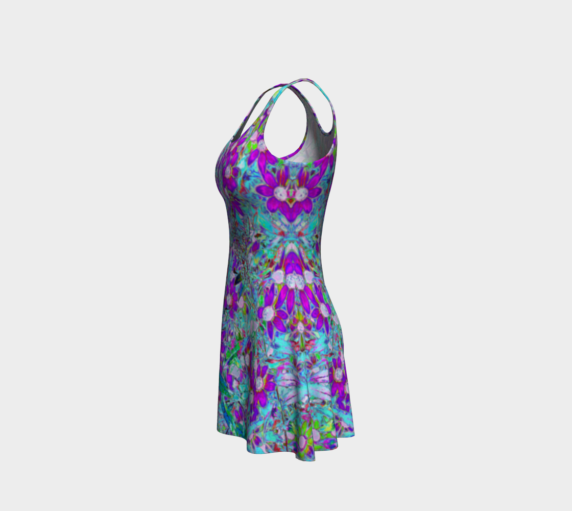 Fit and Flare Dresses, Aqua Garden with Violet Blue and Hot Pink Flowers