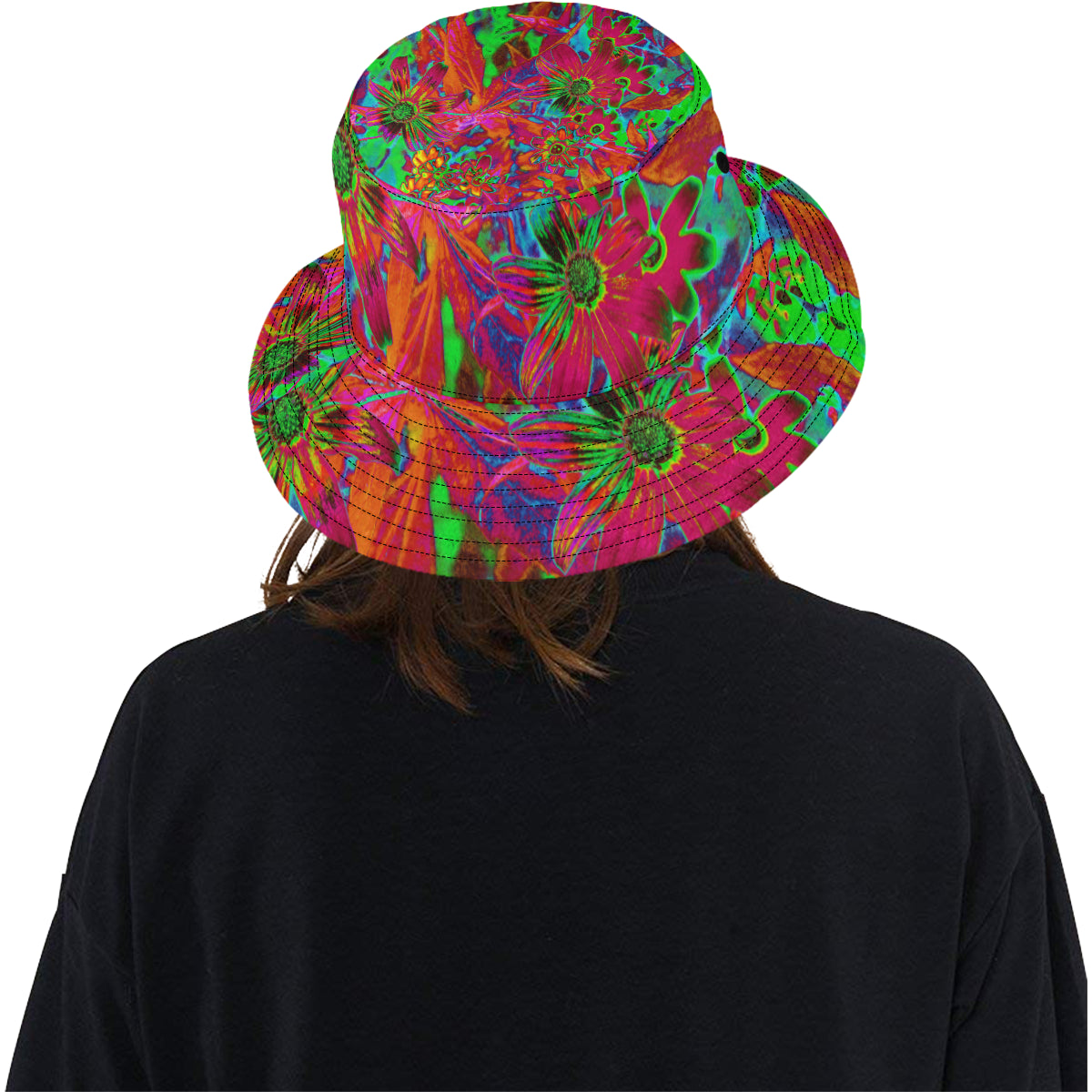 Bucket Hats, Psychedelic Groovy Red and Green Wildflowers