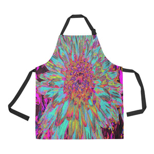 Apron with Pockets, Psychedelic Teal Blue Abstract Decorative Dahlia