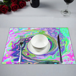 Cloth Placemats Set, Groovy Abstract Aqua and Navy Lava Swirl