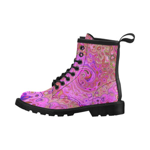 Lace Up Boots for Women - Hot Pink Marbled Colors Abstract Retro Swirl