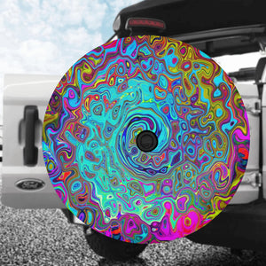 Spare Tire Cover with Backup Camera Hole - Trippy Sky Blue Abstract Retro Liquid Swirl - Medium