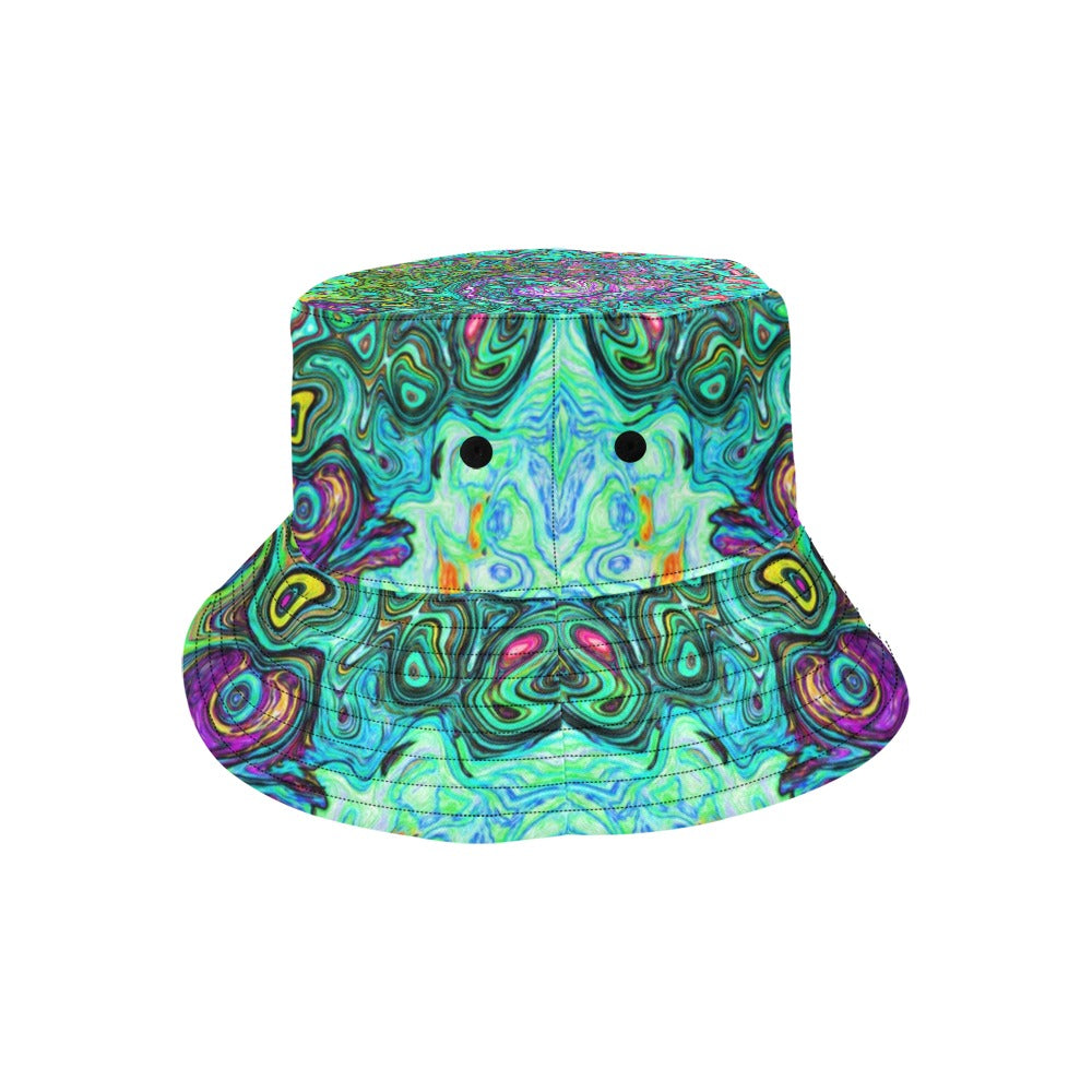 Bucket Hats, Aquamarine Groovy Abstract Retro Liquid Swirl