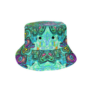 Bucket Hats, Aquamarine Groovy Abstract Retro Liquid Swirl